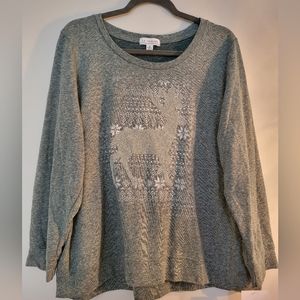 Soft Greeb Long Sleeve Top with Reindeer Detail, Size 1X